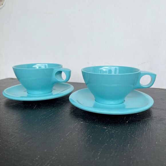 VTG Boontonware Melmac Teal Cups & Saucers Set Mid Century Modern 1950s - Picture 1 of 10
